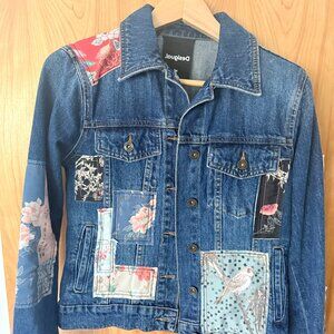 34 Desigual Boho Patchwork Denim Trucker Jacket w/ Oriental Floral & Bird Motifs